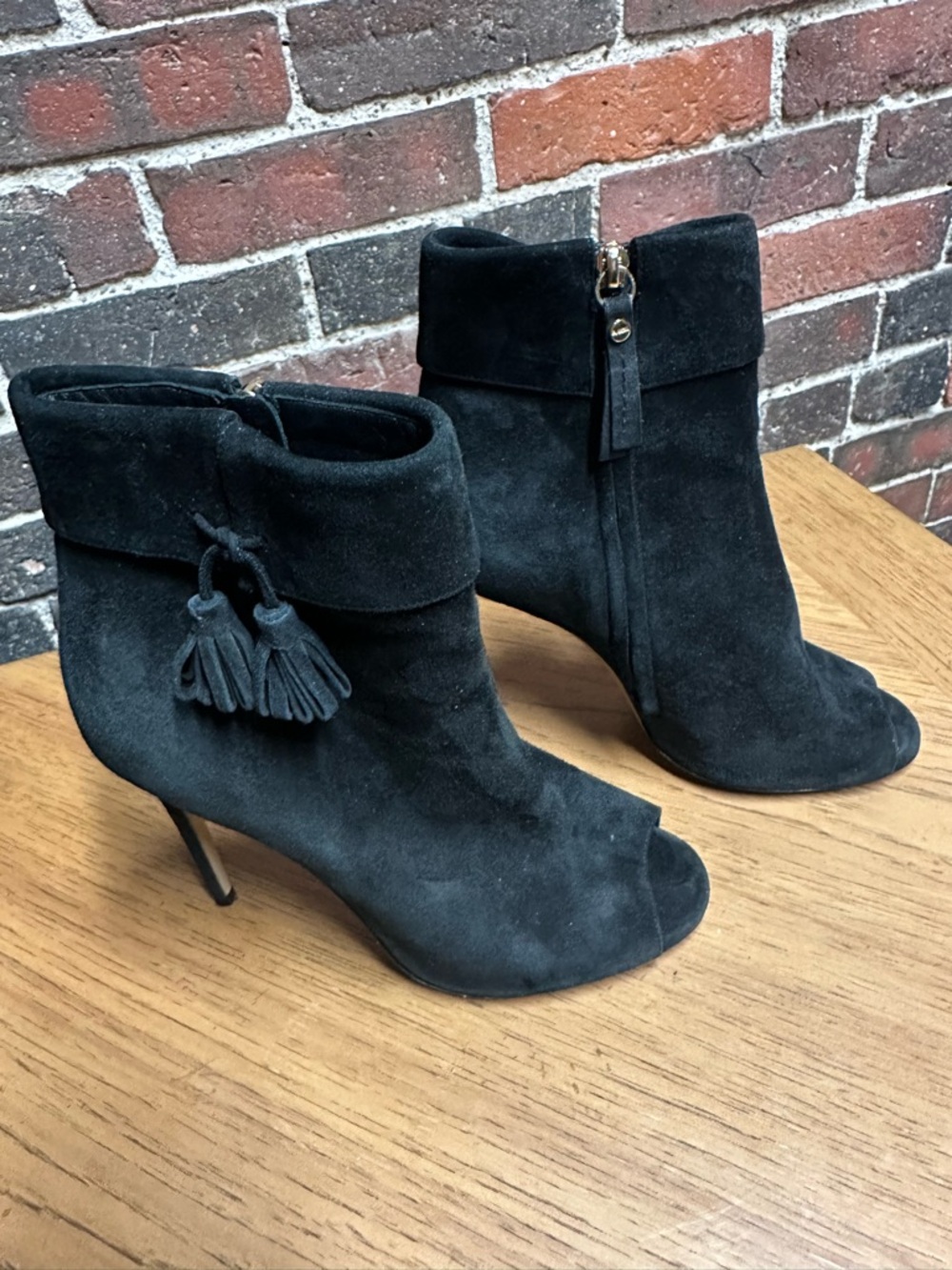 Women's Black Suede Peep-Toe Ankle Booties with Tassel Detail